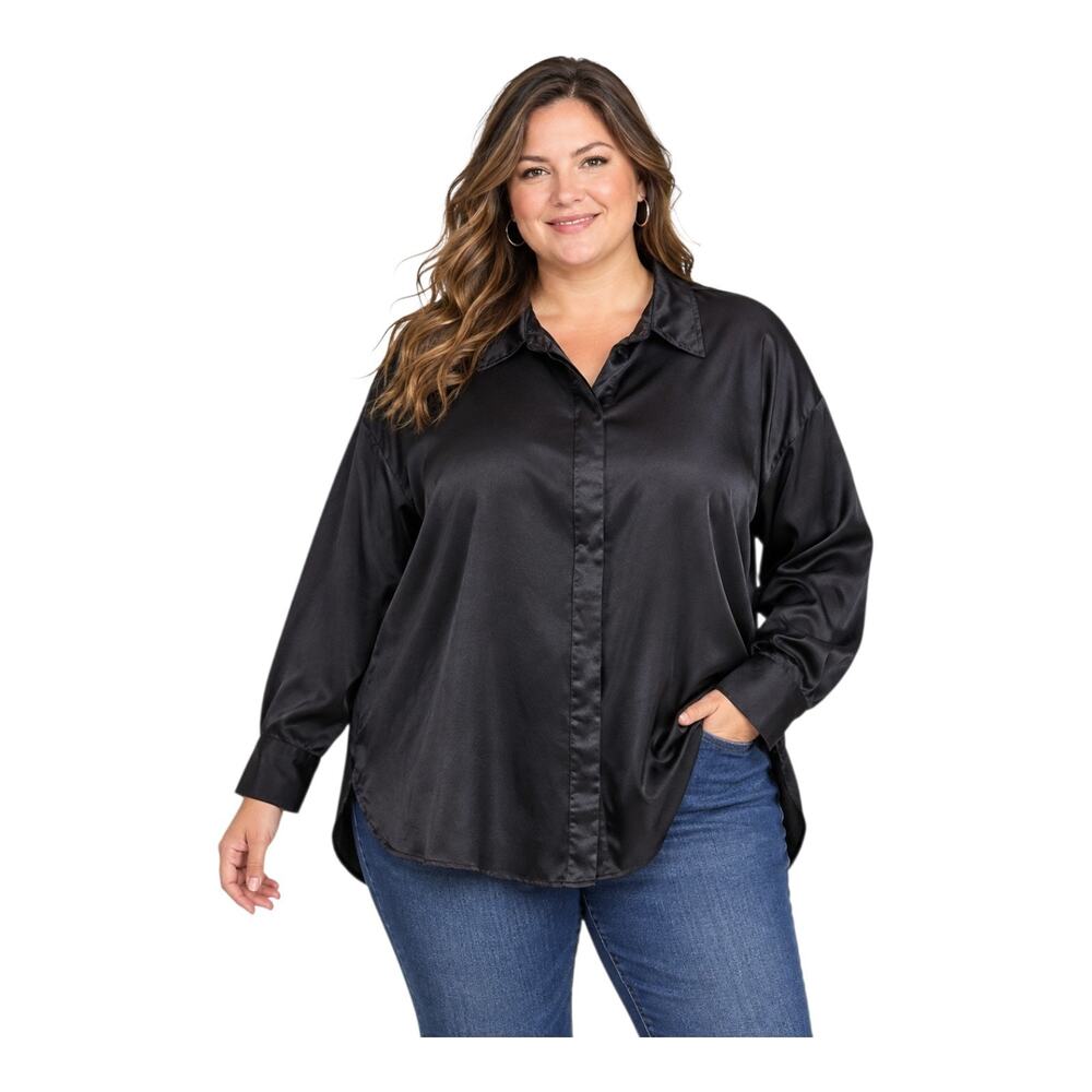 LANE BRYANT Women's Plus 18 20 Satin Blouse Black Button Up Long Sleeve Bust 54"